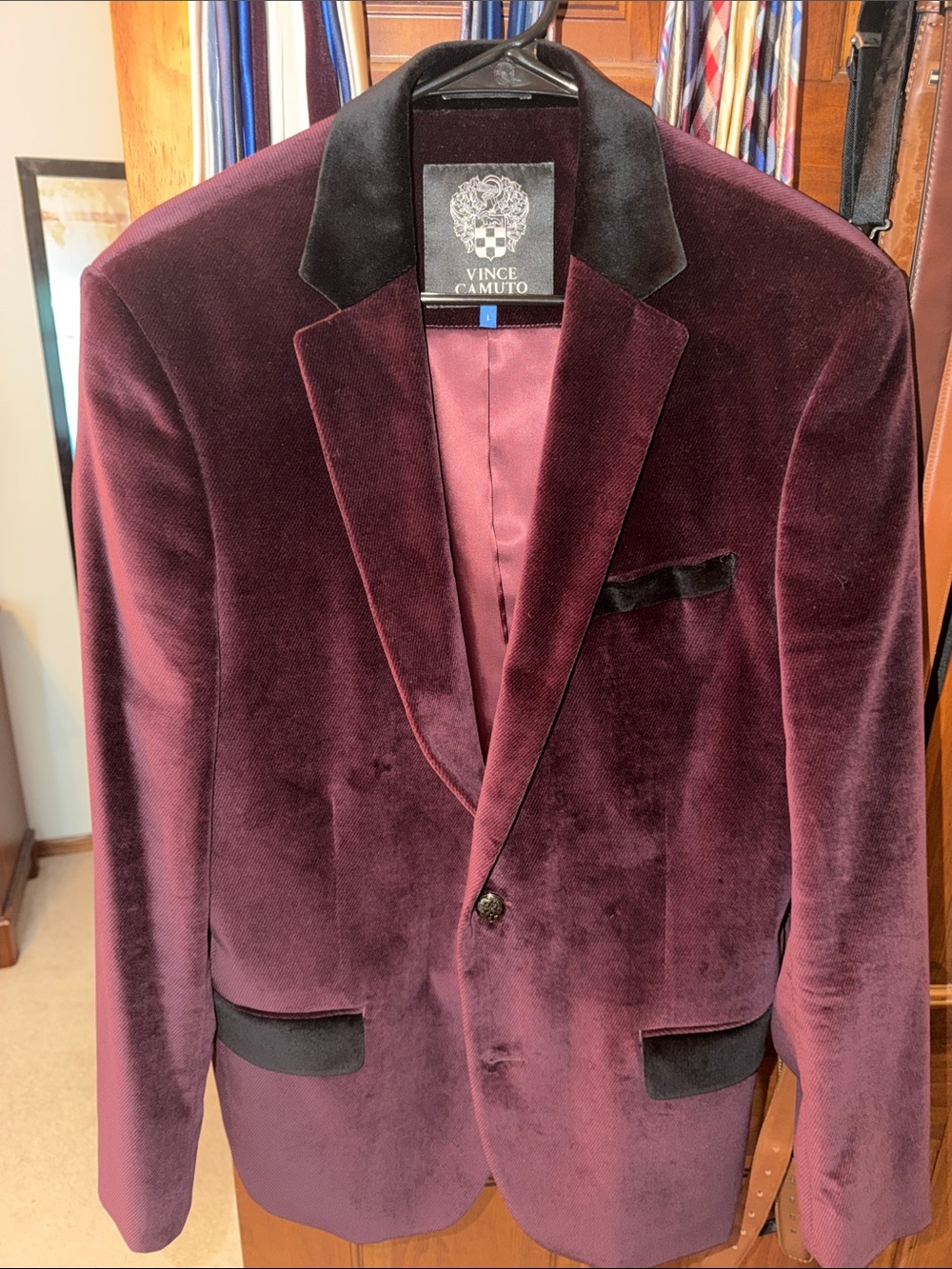 Vince Camuto Deep Burgundy Velvet Blazer with Black Trim
